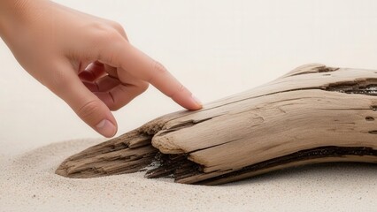 Hand Touching Weathered Wooden Log.