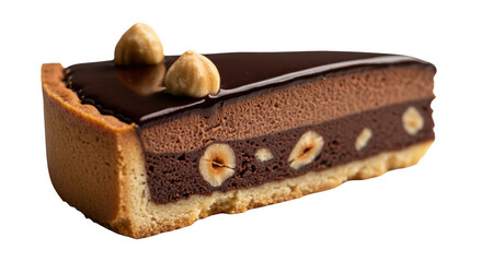 Slice of chocolate hazelnut tart with glossy ganache and whole hazelnuts chocolate tart dessert