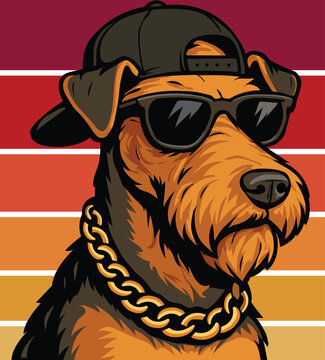 Cool Airedale Terrier Dog Vector in Sunglasses and Gold Chain. This stylized mascot portrait features the terrier wearing dark sunglasses, a backward baseball cap, and a chunky gold chain.
