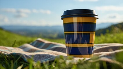 Fototapeta premium A blue and yellow striped disposable coffee cup on a picnic blanket outdoors in a scenic green landscape
