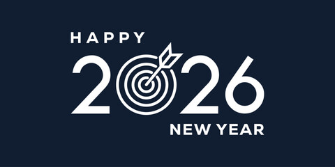 Stylish Happy New Year 2026 greeting with bold white typography on navy blue background, perfect for festive cards, banners, posters, and holiday invitations. Clean, modern vector design. © bibin