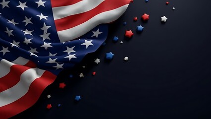 An artistic rendering of the american flag with scattered star confetti on a dark background