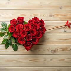 A vibrant heart shaped arrangement of red roses pierced by an arrow on wood