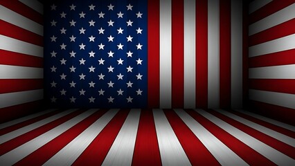 An immersive room entirely decorated with a striking american flag pattern on all surfaces