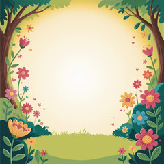 A charming forest frame with vibrant flowers and a bright open center