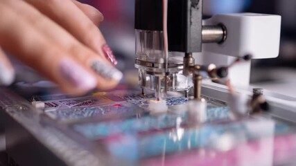 Closeup of a desktop nail art printing machine applying intricate geometric designs on fingernails showcasing technology and creativity in beauty salons.