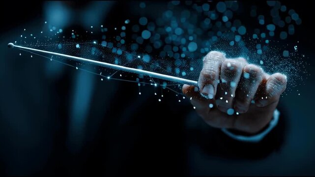 Digital Conductor Controlling Data Streams with Light Wand. A cinematic close-up of a human hand holding a glowing wand that releases streams of digital particles and light, symbolizing control.