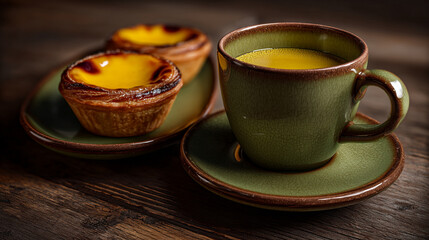 A green cup of coffee and two Portuguese egg tarts on a wooden table with a warm and inviting atmosphere