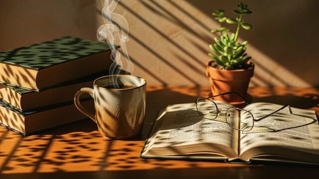 Sunlit cozy reading corner with steaming mug, open book, potted plant and stacked books on