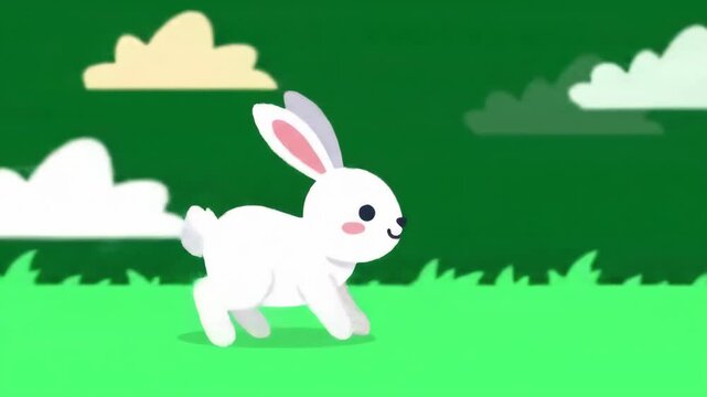 Animated Rabbit Running in a Green Field with Clouds.