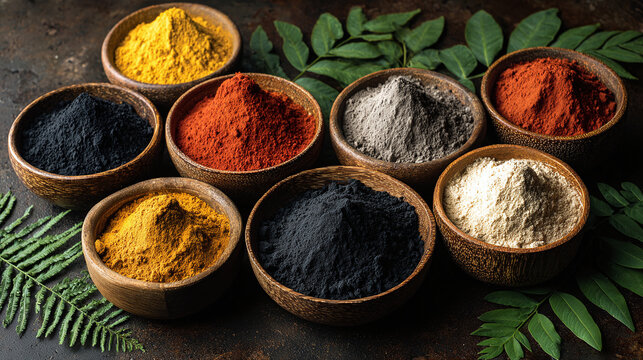 organic herbal and mineral powder collection in wooden bowls vibrant earthy colors on rustic background with green foliage
