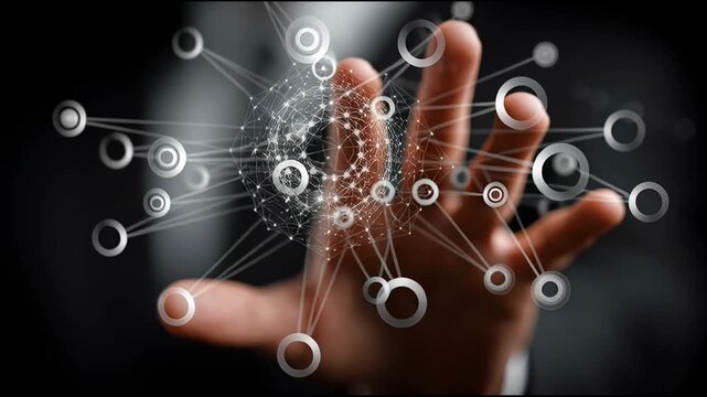 Human Touch Activating Digital Network Interface. A dramatic close-up of a human finger touching a glowing digital node, triggering a network of connected light points in a dark environment. 