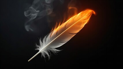 A burning feather with smoke rising against a dark background
