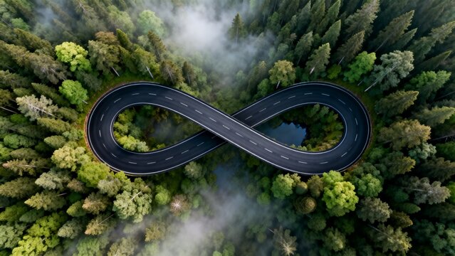 Aerial view of lush green forest featuring black winding carpet road shaped like infinity symbol across the canopy