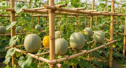 Bamboo framework arranged carefully to hold large ripening melons showcasing efficient size planning and sustainable gardening techniques.
