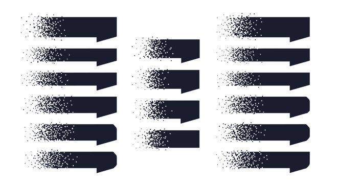 Collection of dark blue horizontal banner shapes with a pixelated or stippled disintegration effect on one end.