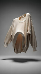 Cream-colored knitted sweater floating in mid-air against a minimalist grey background.