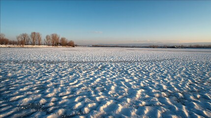 snow-covered buildings, hoarfrost trees, and sunlit park against detailed office towers.