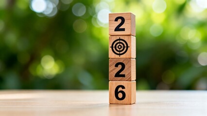 Close‑up of wooden blocks stacked vertically showing numbers 2 target 2 6 against soft green bokeh background outdoors