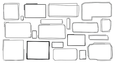 Obraz premium Collection of hand drawn black outline rectangular frames with varying line thickness and styles isolated on white.