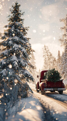 Red vintage pickup truck driving along a snowy forest road surrounded by tall fir trees. Nostalgic winter holiday travel atmosphere.