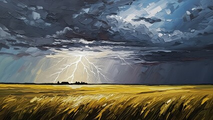 Dramatic lightning strikes the horizon over an endless golden wheat field under dark storm clouds