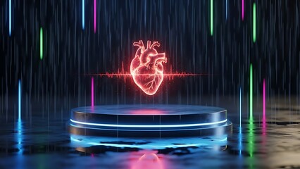Anatomical Glowing Heart Hologram with EKG Line on Futuristic Stage in Rainy Cyberpunk City Style Valentine