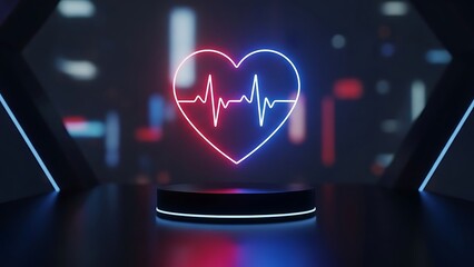 Modern Neon Heart Outline with Heartbeat Pulse Line on Circular Stage in Dark Technology Setting Valentine