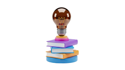 Lightbulb atop stack of colorful books representing knowledge and ideas
