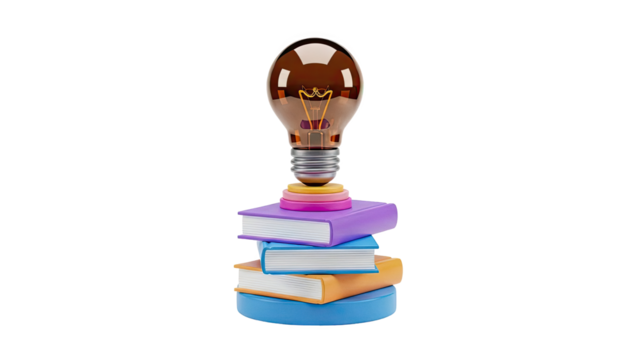 Lightbulb atop stack of colorful books representing knowledge and ideas - Powered by Adobe
