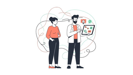 illustration of a woman consulting a male doctor with digital medical devices and data analysis