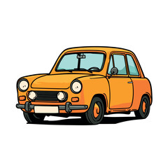 Obraz premium Vintage orange two-door cartoon car illustration with bold black outlines and a retro design, shown from a three-quarter front angle perspective with a simple, classic style
