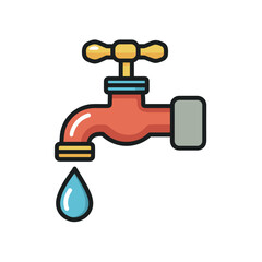 Colorful cartoon water tap icon with a yellow handle and red body is dripping a single blue water drop in a simple vector illustration style representing plumbing