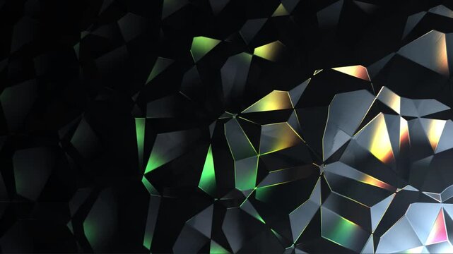 Dark 3D low poly animation with glowing iridescent green and gold lights reflecting on geometric crystal surfaces.
