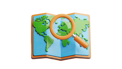 Magnifying glass over a stylized world map