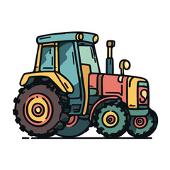Colorful cartoon tractor illustration with large wheels and a bold outline, featuring a retro color scheme of teal, yellow, and red in a simple, graphic style