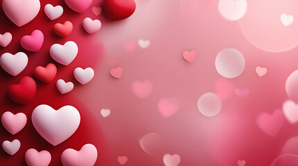 Pink and red hearts on gradient background with bokeh effect