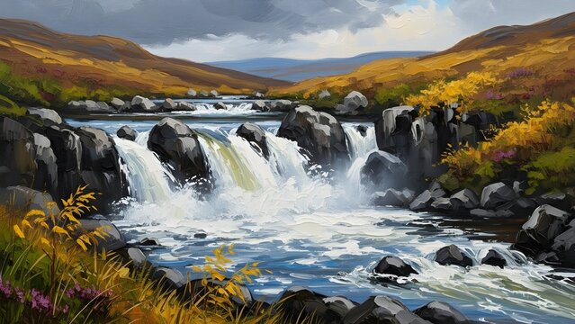 Scenic landscape featuring a cascading waterfall flowing over rugged rocks surrounded by lush greenery and vibrant wildflowers in a mountainous valley - Powered by Adobe