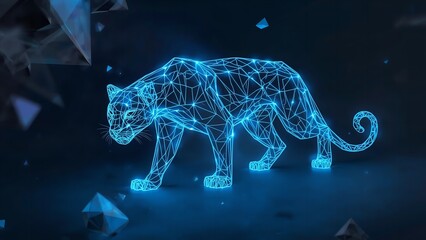 A glowing blue wireframe of a panther in a futuristic digital environment with geometric shapes