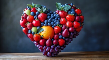Artistic human heart made entirely from healthy fruits arranged in organic form