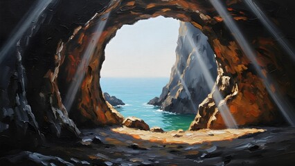 View of a bright turquoise ocean through a rugged rocky cave entrance with sunlight beams calm water and dramatic cliffs