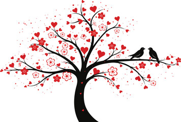 Love Blooms: A stylized tree flourishes with vibrant red hearts and blossoms, its branches cradling two silhouetted birds in a scene of serene affection and blossoming love.