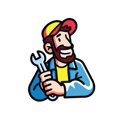 Obraz premium Friendly cartoon mechanic character with a beard and cap holds a wrench, smiling confidently and representing professional repair and maintenance services in a clean vector style