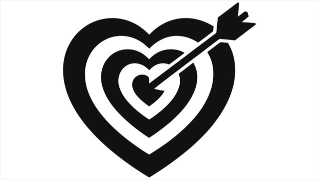 Black and white vector illustration of a heart shaped target with an arrow hitting the center. Symbol of love, romance and Valentine's Day. Cupid arrow aim concept for holiday design.