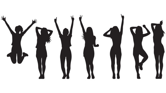 Set of black vector silhouettes of a girl posing, on a transparent background.