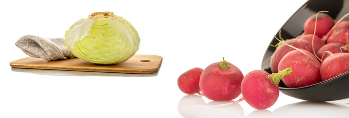 Fresh radish and white cabbage isolated on white background, macro.