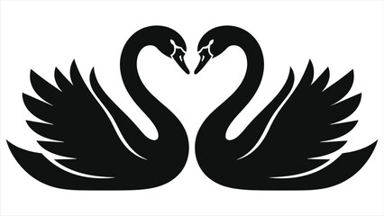 Black silhouette of two elegant swans forming a heart shape with their necks. Vector illustration of bird couple logo for Valentine's Day, wedding invitation, romantic symbol, or tattoo design. © Tanver