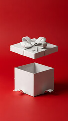 An empty white gift box with its lid floating above, set against a vibrant red background, suggesting surprise or a reveal.
