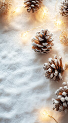  Pine cones on snow illuminated by soft warm string lights. Natural rustic winter background concept for seasonal design, Christmas decor, eco themes, and calm holiday storytelling visuals.