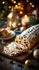 Festive table with traditional stollen, Christmas pastries, and warm lights. Cozy homemade Christmas food lifestyle scene for culinary content, seasonal promotions, and holiday dining visuals.
